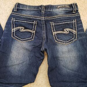 Red Rivet Distressed Straight Jeans